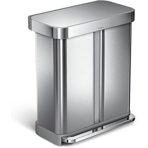 simplehuman 58 Liter / 15.3 Gallon Rectangular Hands-Free Dual Compartment Recycling Kitchen Step Trash Can with Soft-Close Lid, Brushed Stainless Steel