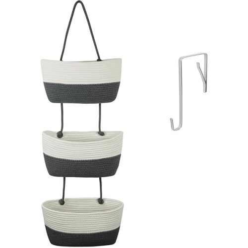 Hanging Basket 3-Tier Over the Door Hanging Storage Basket Cotton Rope Woven Organizer for Wall Living Room Organizing Decor (White & Gray)
