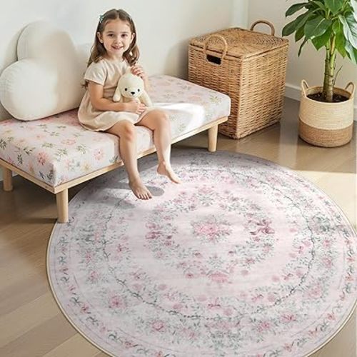 Wonnitar Pink Washable Round Rugs 6ft, Bow Round Area Rug for Bedroom, Ultra-Thin Non Slip Soft Boho Floral Circle Carpet for Teen Girl Room Kids Nursery Living Room Decor, Light Pink