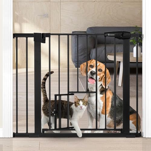 COMOMY Auto Close Baby Gate with Cat Door, 29.5"-40.5" Extra Wide Dog Gate for House Doorways Stairs, Pressure Mounted Easy Walk Thru Pet Gate, Includes 4 Wall Cups and 2 Extension Pieces, Black