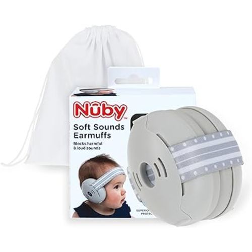 Nuby Soft Sounds Earmuffs - Adjustable Baby Earmuffs - Baby Essentials for Travel - Gray