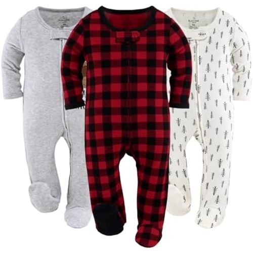 The Peanutshell Baby Sleepers for Boys or Girls Set of 3 - Soft Cotton Unisex Footed Pajamas for Newborns - Buffalo Moose