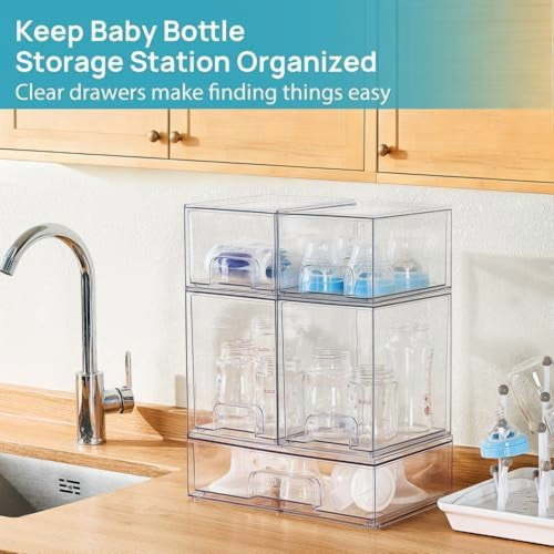 Stackable Storage Drawers Set of 5, Clear Plastic Organizer Bins for Baby Bottle, Beauty Supplies Storage, Ideal for Kichen Countertop, Vanity, Bathroom, Cabinet, Pantry Organization