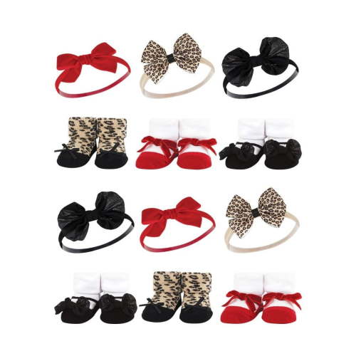 Hudson Baby Infant Girl 12Pc Headband and Socks Giftset, Red Leopard, One Size