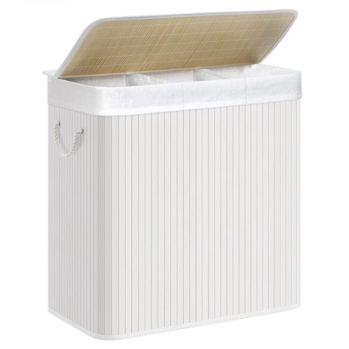 Songmics Laundry Hamper, 3-section Laundry Basket, Laundry Hamper With Lid, Bamboo, Foldable, Removable And Machine Washable Liner, White
