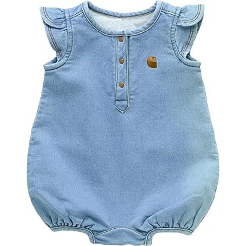 Carhartt Girls Short-Sleeve Denim Henley Romper, Light Wash, 12 Months