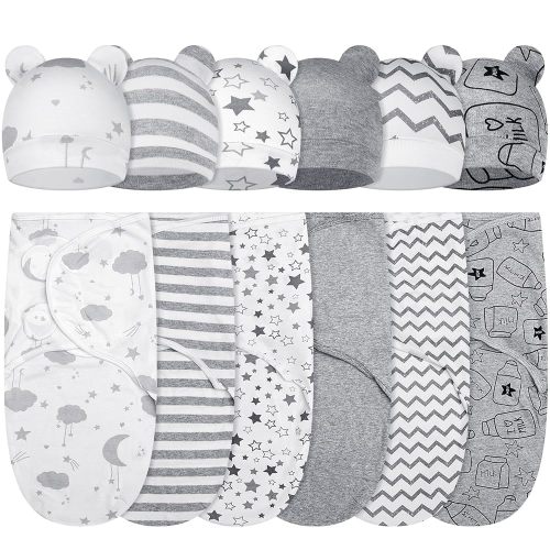 Ramede 6 Pack Baby Swaddle Blanket with Hats Sleep Swaddle for 0-3 Months Newborn Sacks Soft Cotton Wearable for Boy Girl