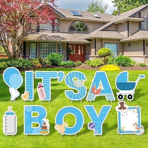 Elcoho 11 Pieces IT’S A Boy Blue Yard Signs with Stakes Includes Letters, Ballon, Baby Bottle, Baby Pacifier Sign for Outdoor Decoration, Gender Reveal Baby Shower, Party Decoration