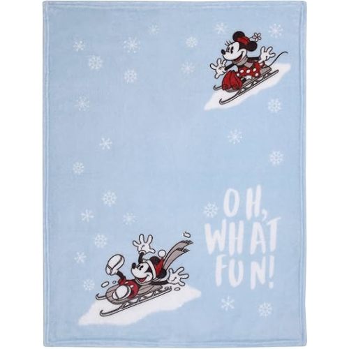 Disney Mickey and Minnie Mouse Blue, White and Red Winter Holiday Oh, What Fun! Snowflakes Photo Op Super Soft Baby Blanket