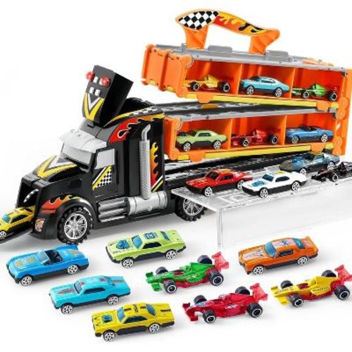 Joyfy Carrier Truck Toys, 5-FT Race Track and 12 Die-Cast Toy Cars, Racing Car with Lights & Sounds, Truck Toy Gift for Boys Girls 2 3 4 5 Years Old