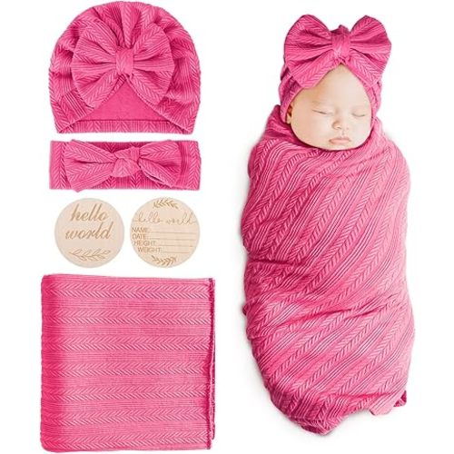 BQUBO Baby Swaddle Blankets for Girls, 4PCS Newborn Accessories Set with Matching Hat and Bow Headband with Hello World Wooden Birth Announcement Card