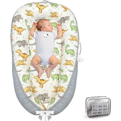 Baby Lounger for Newborn 0-24 Months, Breathable and Soft Cotton Infant Lounger, Adjustable Infant Nest, Portable Cosleeping Baby Bed Sleeper for Home and Travel, Gray Dinosaur