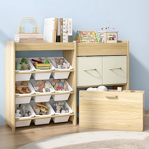 Toy Storage Organizer for Kids, 9-Bin Toy Organizer with 2-Drawers,Movable Toy Chest and Top Rack, Multifunctional Kids Bookshelf and Toy Storage for Living Room, Playroom, Nursery, White