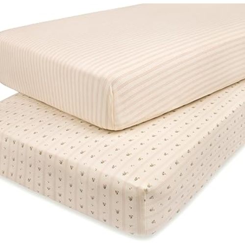 Ely’s & Co. Crib Sheets Baby Girl Fitted Crib Mattress Sheet Set, 2 Pack, 100% Jersey Knit Cotton, Infant and Toddler Nursery Bedding, Pink Linear Floral Collection, 28” x 52”