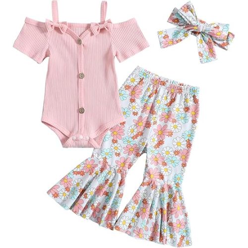 Fernvia Infant Baby Girl Clothes Suspenders Short Sleeve Ribbed Romper Flared Pants Set Headband 3pcs Summer Outfit