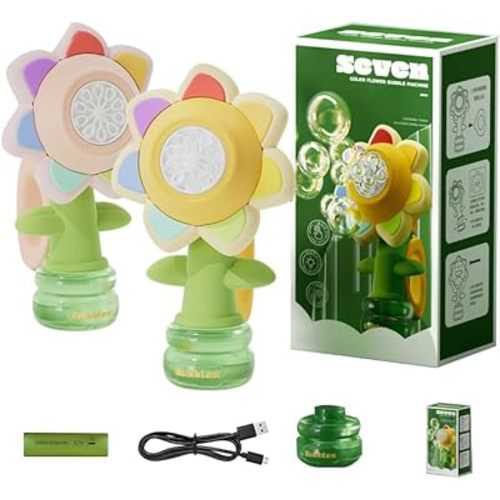 Electric Handheld Bubble Machine, Seven Color Flower Shaking Head Rotating Automatic Bubble Machine, Suitable for Boys and Girls Toys(One Click Start, Yellow)