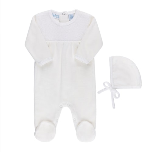 Velour Hand Smocked Romper With Bonnet