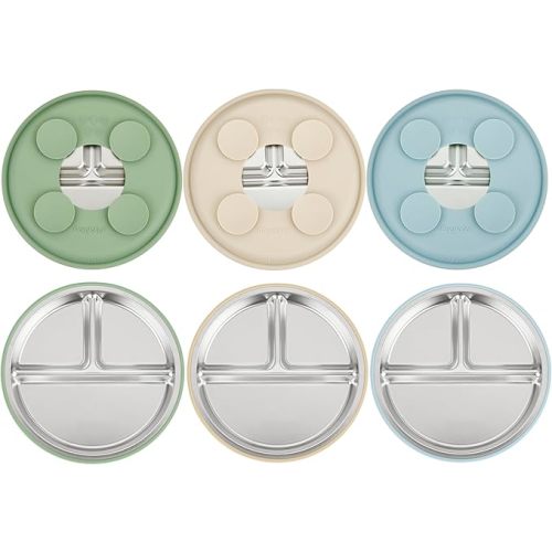 PandaEar 3 Pack Stainless Steel Baby Suction Plates, Divided Toddler Plate for Baby Led Weaning Supplies, Non-Slip Toddler Baby Feeding Set Dishwasher Safe (Blue/Green/Brown)