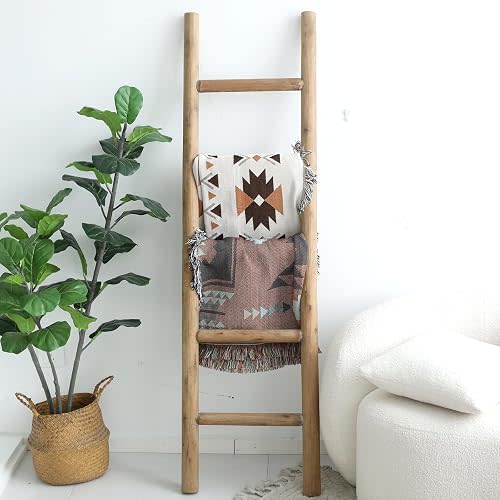 FUIN Blanket Ladder, 57in Rustic Solid Wood Decorative Ladder, Brown