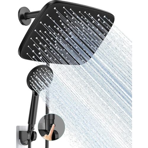 Veken 11.8 Inch Rain Shower Head with Handheld- High Pressure Dual Shower Heads with 5 Modes Handheld Spray Combo- Wide Rainfall Showerhead with Hose, Bathroom Accessories, Matte Black