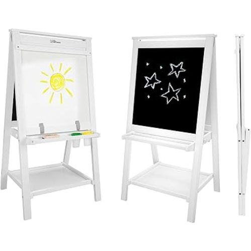 Little Partners Folding EZ Painting Easel for Kids, Dual-Sided Art Easel for Kids Art Station, Folds Flat with Chalkboard, Dry Erase Whiteboard, Paper, Eraser, Paint Cups, Shelf (Soft White)
