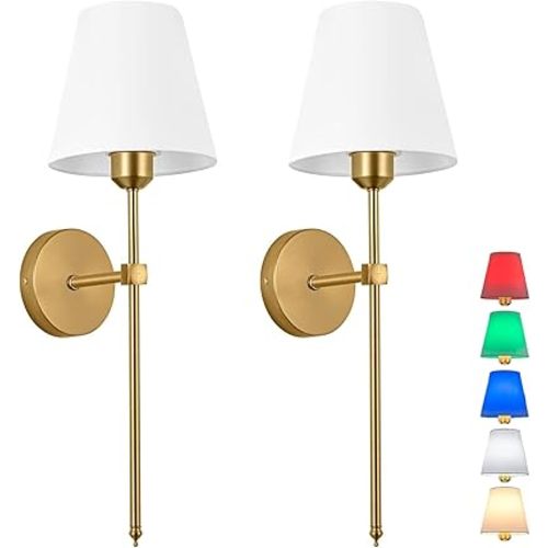 24 Inch Battery Operated Wall Sconce Set Of 2,10 Colors Modes Rechargeable Gold Indoor Decor Fabric Wireless Wall Light Fixtures With Remote Dimmable Wall Lamp For Farmhouse Bedroom(Color : Gold)