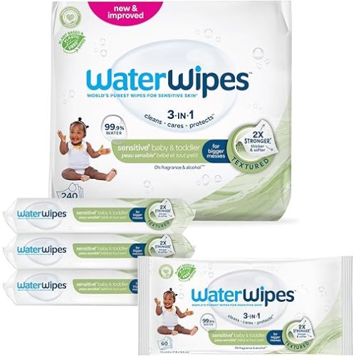 WaterWipes Sensitive+ Baby & Toddler Wipes, 3-In-1 Cleans, Cares, Protects, 99.9% Water, Textured Clean, Unscented & Hypoallergenic, 240 Count (4 Packs)