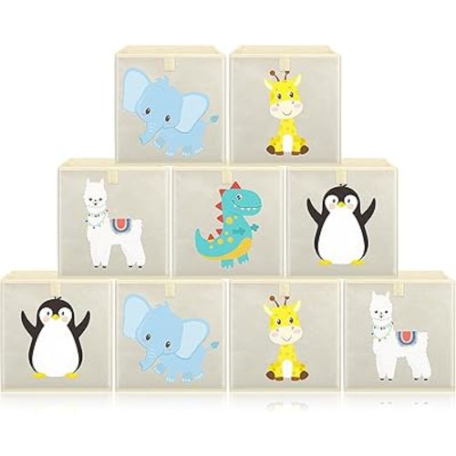 Aliceset 9 Pcs Foldable Animal Cube Storage Bins 11 x 11 Inches Fabric Toy Box Collapsible Storage Organizer Chest Basket Container for Home Kids Room Closet Nursery Room Bedroom(Stylish Animals)