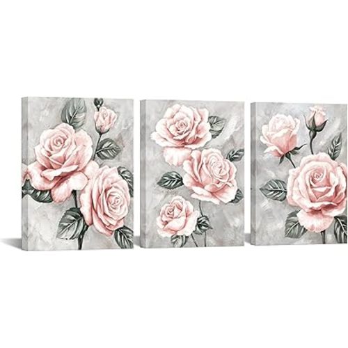 iKNOW FOTO 3 Pieces Pink Rose Flower Wall Art Paintings - Floral Picture Prints on Grey Canvas - Framed Wall Decoration - Trendy Pink Bathroom Bedroom Decor - Each Size 12x16''