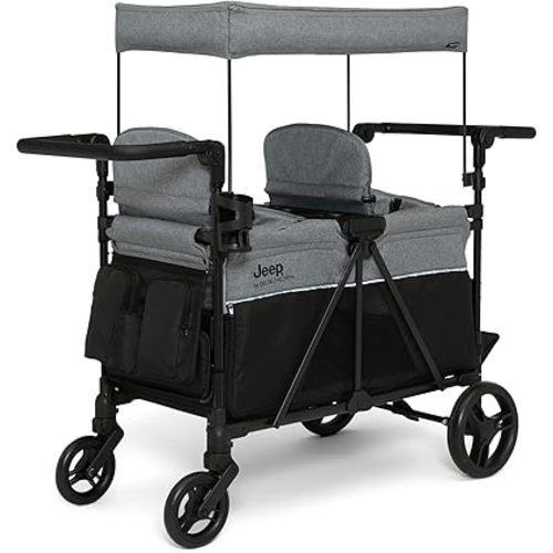 Delta Children - Jeep Aries Stroller Wagon - Premium Wagon for 2 Kids with Convertible Seats, Adjustable Push/Pull Handles, Removable Canopy & Flat Fold - Greenguard Gold Certified, Grey