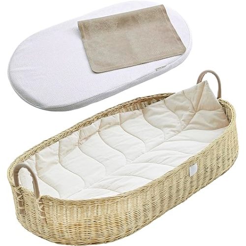 BEBE BASK Premium Baby Changing Basket - Artisan-Crafted Rattan with Extra High Sides - Wicker Changing Basket for Baby Dresser - All Accessories Included - Complete Set for Nursery (Rattan)