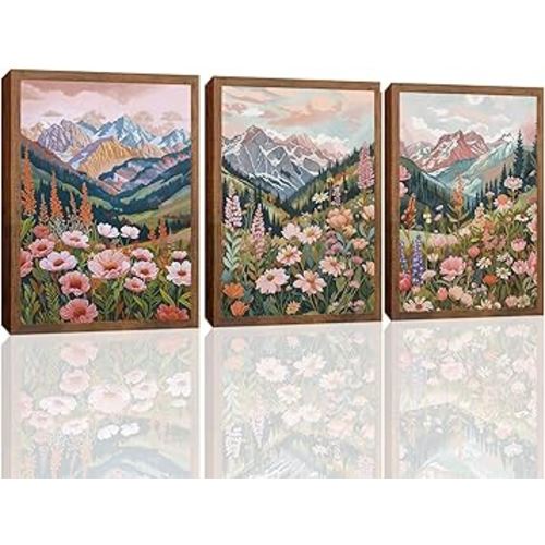 Boho Colorful Mountain Landscape Wall Art Set of 3, Flower Daisy Nature Canvas Prints Wall Decor, Vintage Floral Forest Botanical Painting Posters for Living Room Bedroom Home Decor 24x16in Framed
