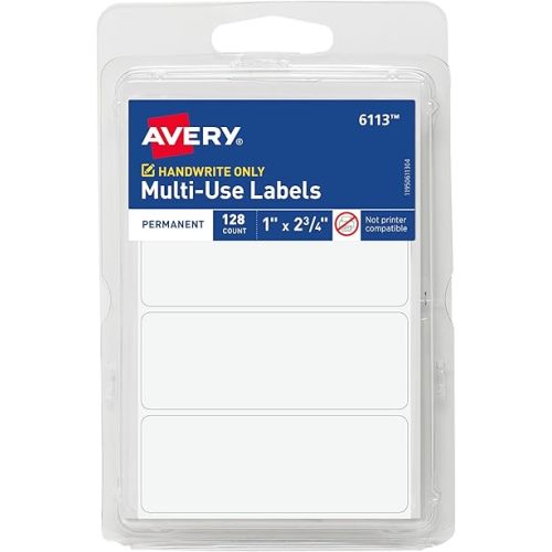 Avery Multi-Use Permanent Labels, 1" x 2.75", White, Non-Printable, 128 Blank Labels Total (6113)