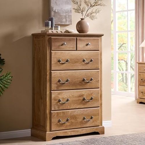 T4TREAM 48" Tall 6 Drawers Dresser Chests for Bedroom, Light Knotty Oak