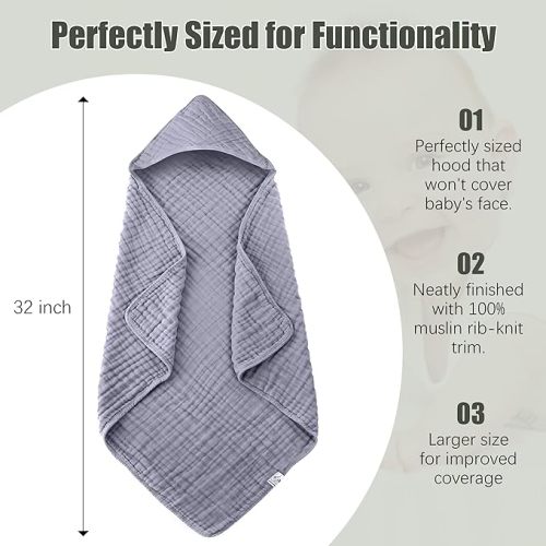 2 Pack Hooded Baby Towels - 100% Muslin Cotton for Newborns, Infants, Toddlers - Large 32x32Inch Size - Highly Absorbent and Essential for Newborn Care, Green and Grey - Green+grey
