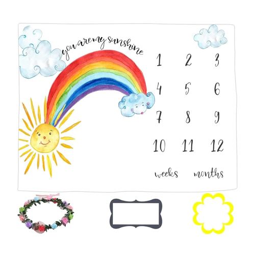 Sunshine Baby Monthly Milestone Blanket for Baby Boy and Girl, Rainbow Month Blanket for Baby Pictures Personalized, Includes Wreath and Frame Large 60"x40" BTDSLY42