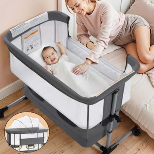 Vomeast Baby Bassinet Bedside Sleeper, 4 in 1 Baby Bassinets for Babies, with Wheels, Adjustable Height, Storage Basket, Mosquito Net for Newborns Infants - Dark Gray