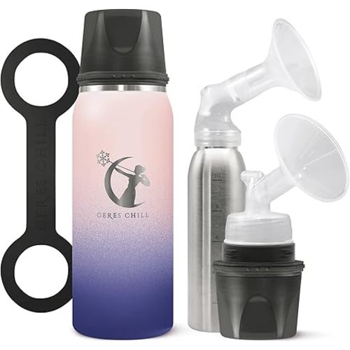 CERES CHILL OG Breastmilk Chiller, Reusable Storage Container, Up to 34 oz. - Bottle Cooler Keeps Milk at Safe Temperatures for Up to 20 Hours, Connects w/Most Pumps (Mombré Blue & Pink)