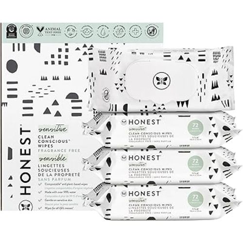 The Honest Company Clean Conscious Multi-Use Wipes | Hypoallergenic + Unscented for Sensitive Skin | Over 99% Water, Compostable, Plant Based, Baby Wipes | Pattern Play, 288 Count