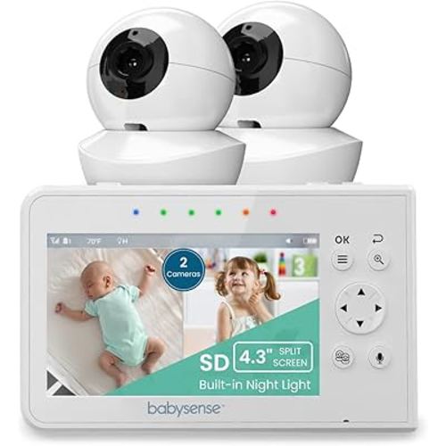 Babysense Baby Monitor with 2 Cameras and Audio 4.3", Non Wifi Baby Monitor, Dual Split Screen, Portable Double Sleep Video Monitor, Auto Night Vision & Light, Lullabies & White Noise, Two-Way Audio