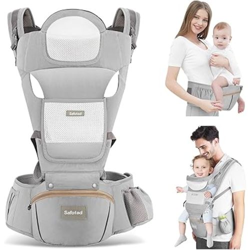 Baby Carrier with Hip Seat,Ergonomic M Position 6in1 Baby Carrier Newborn to Toddler,Head Support and Breathable Mesh Newborn Carrier,Adjustable Baby Holder Carrier for Dad&Mom-Grey