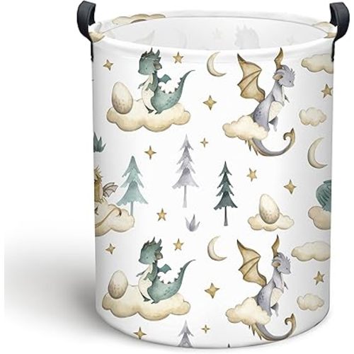 Dinosaur Laundry Basket, Collapsible Waterproof Oxford Cloth Laundry Hamper, Funny Round Kids Toys Storage Basket as Room Decor, Cute Dragon Dirty Clothes Hamper for Bedroom Bathroom Dorm (White)