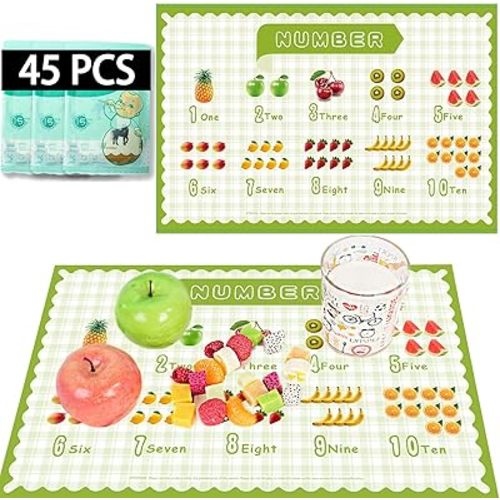 45 Pack Sticky Disposable Placemats for Baby & Toddlers,Cute Number Fruit Toddler Placemat 12"x18" Kids Table Mat for Party,Picnic Table,Restaurants Dining Table Travel Essentials for Toddlers