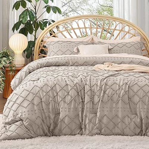 Bedsure Twin/Twin XL Comforter Set - Linen Comforter, Boho Tufted Shabby Chic Bedding, 2 Pieces Vintage Farmhouse Bed Set for All Seasons, Fluffy Soft Bedding with 1 Pillow Sham