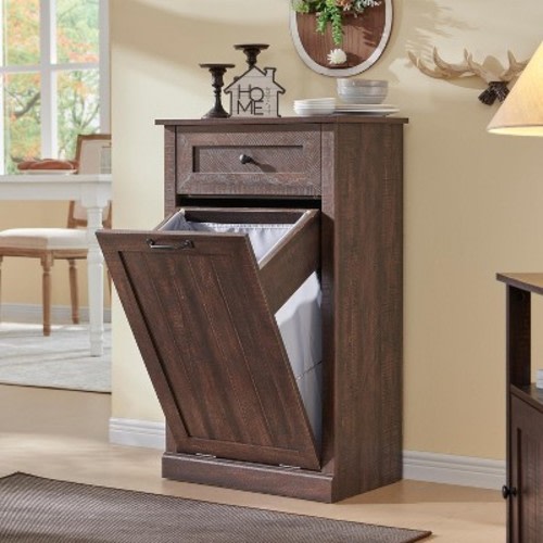 SinCiDo 21.4" Tilt Out Laundry Hamper, Farmhouse Bathroom Storage Cabinet, w/ Drawers & Hidden 10 Gallon Trash Can Cabinet or Laundry Cabinet,Natural