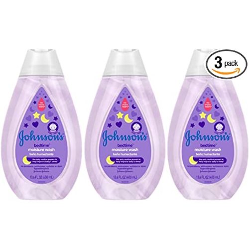 Johnson's Bedtime Baby Moisture Wash with Coconut Oil, Washes Away 99.9% of Germs, Tear-Free Night Time Bath Wash, Hypoallergenic, Paraben- & Dye-Free, No-Animal Testing, 13.6 fl. oz (Pack of 3)