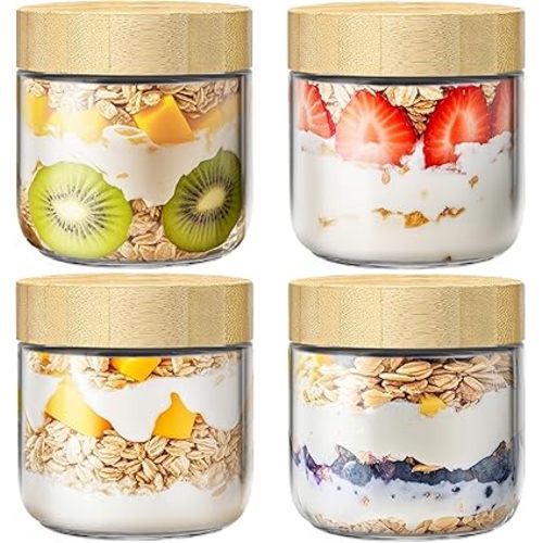 4 Pack 10oz Overnight Oats Containers with Bamboo Lids, Glass Jars with Airtight Lids for Meal Prep, Wide Mouth Mason Salad Jars, Glass Food Storage Container for Yogurt Chia Snacks Spice Sugar