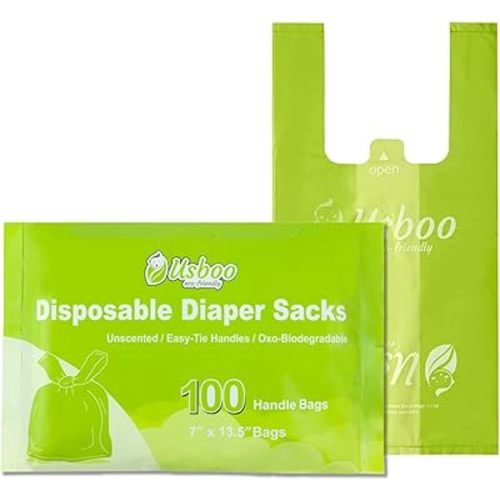 Biodegradable Disposable Diaper Bags, 100 Count, 10 Ounce Capacity, Easy-Tie Handles, Convenient and Eco-Friendly