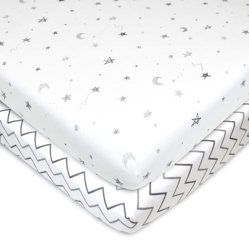 American Baby Company 2 Pack 100% Natural Cotton Fitted Pack and Play Sheets 39" x 27" - Soft & Breathable Pack N Play Sheets for Playard & Mini Crib Mattress, Grey Stars/Zigzag, for Boys & Girls