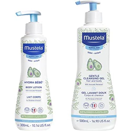 Mustela Baby Bath Time Gift Set - Baby Skin Care Essentials with Natural Avocado - Contains Hydra Bebe Body Lotion 10.14 fl. oz. & Gentle Cleansing Gel 16.9 fl. oz. - 2 Items Set